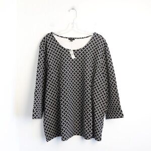 NWT Talbots Top black geometric print 3X cotton pearl button cuffs classic work